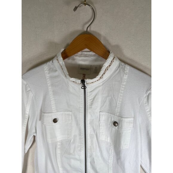 Zenergy Womens Size 0 White Zipper Jacket Top Knit insert Lace Embroidered Trim - Picture 6 of 12